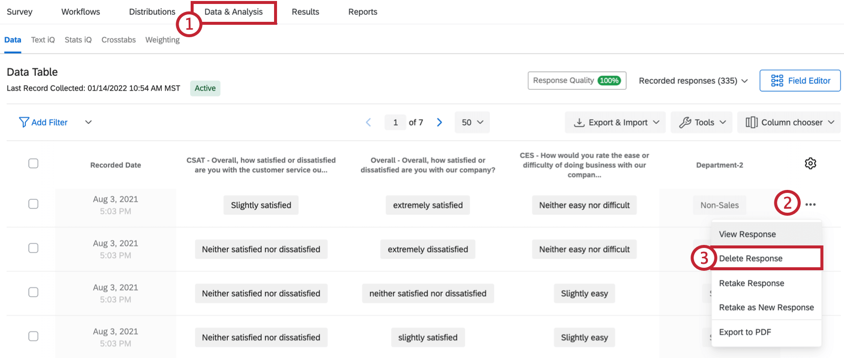 Using dropdown on data and analysis tab to delete