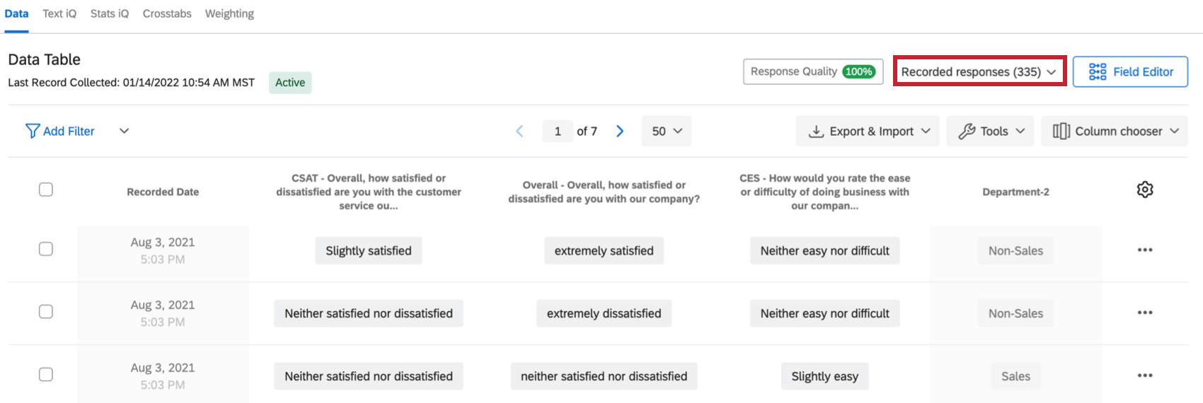 Recorded responses in the Data & Analysis tab