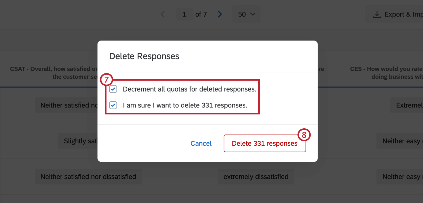 Delete Responses menu with confirmation box checked
