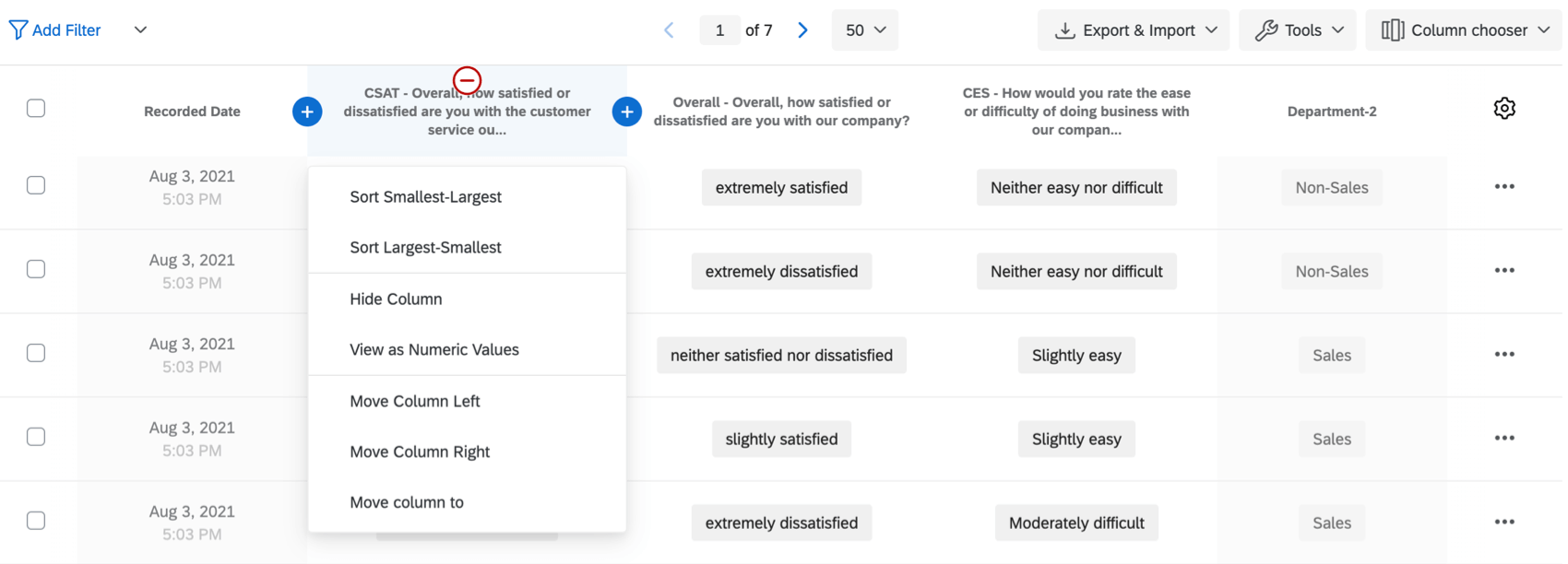 Dropdown list that appears when a column header is clicked on