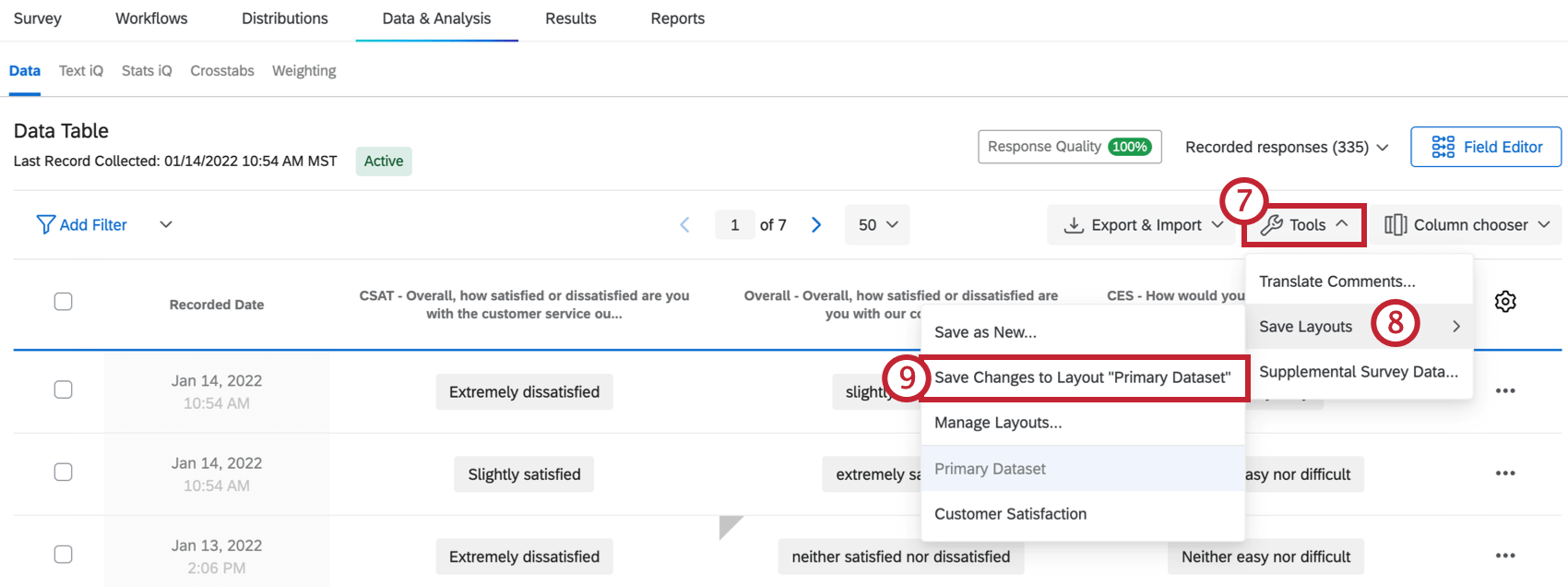 Saving changes to a layout in the Tools menu
