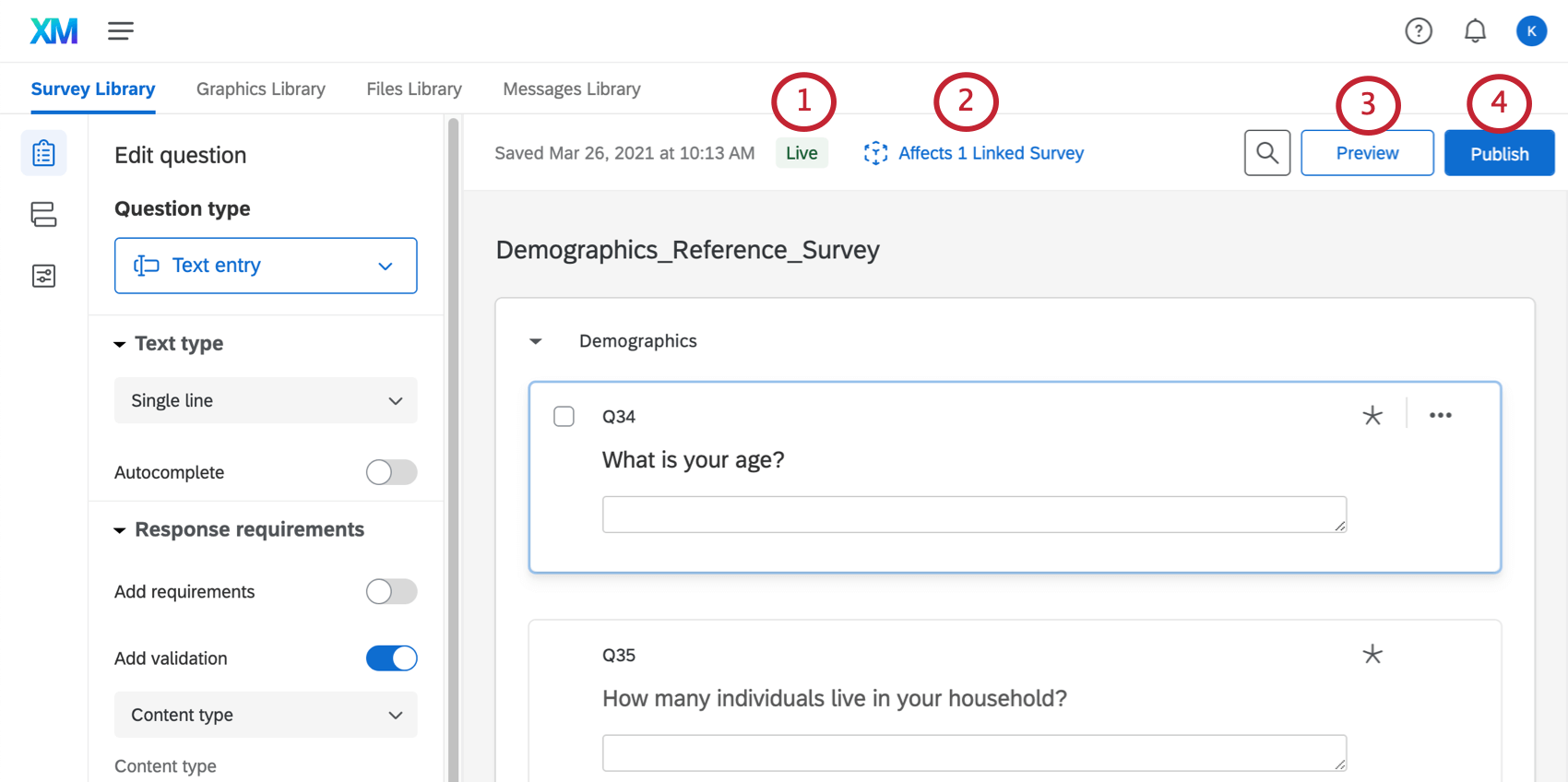 Along the top of the survey builder for a reference survey, the following buttons: