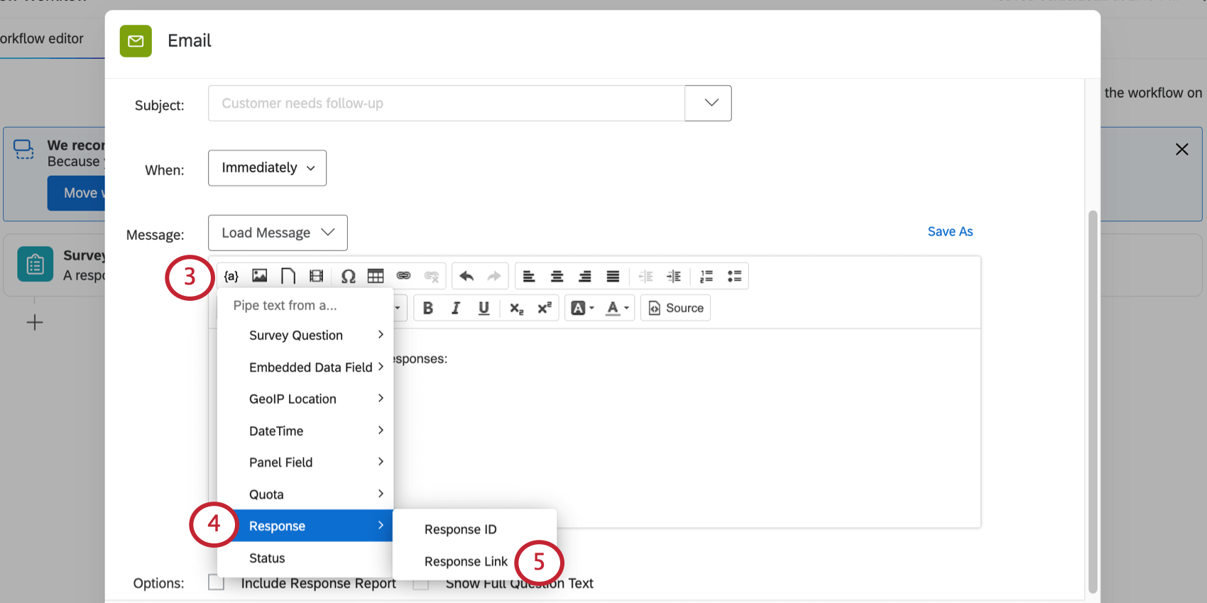 Piped text menu open to show the response link option
