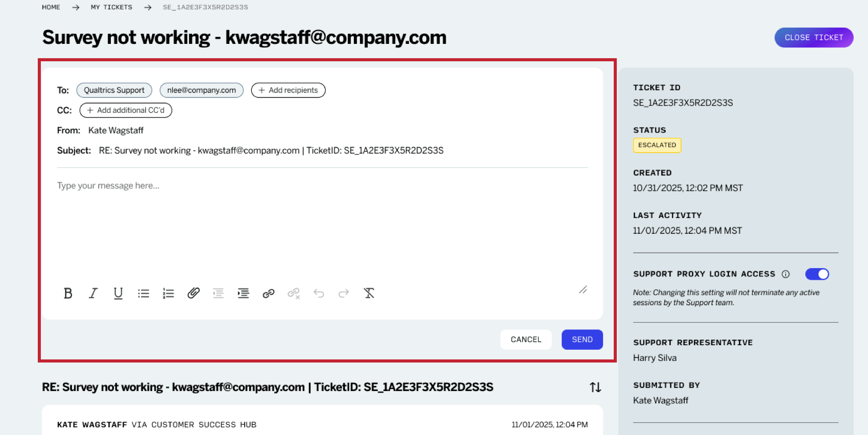 the email editor for responding on an open support ticket
