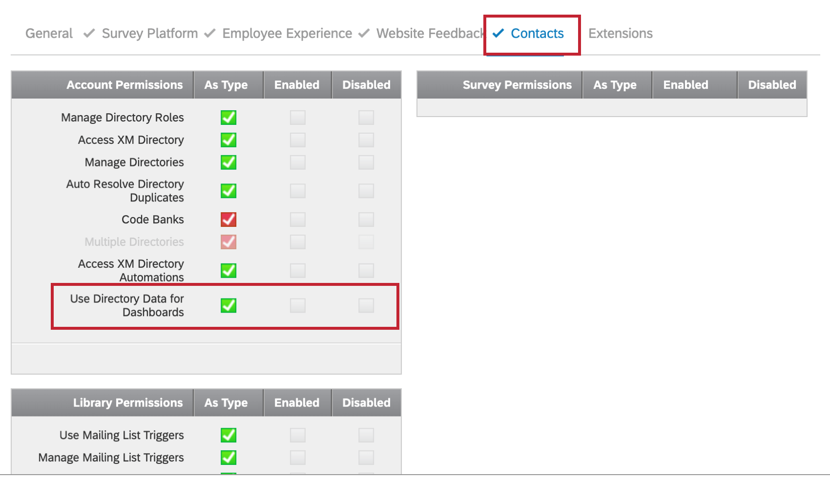 Contacts section of user permissions. Use Respondent Funnel is last in Account Permissions list