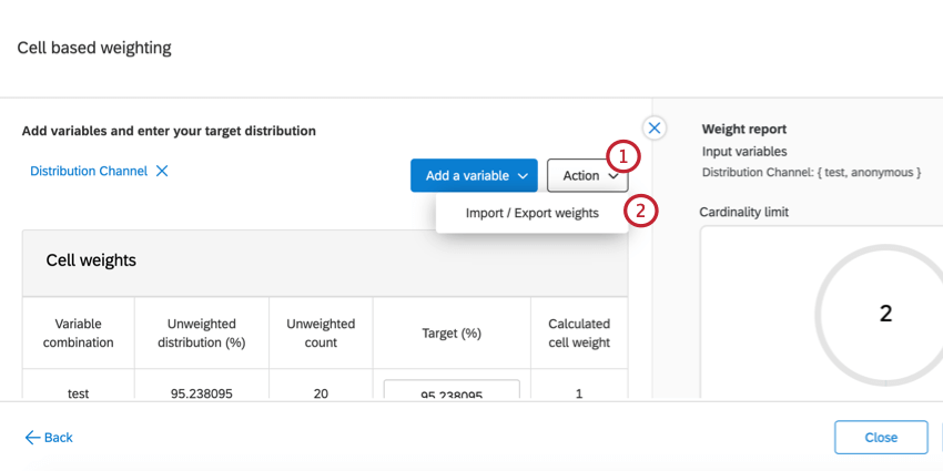 the action dropdown for an interlocked weight. import / export weights is selected