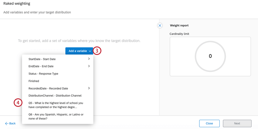 the add a variable menu for adding variables to a weighting scheme