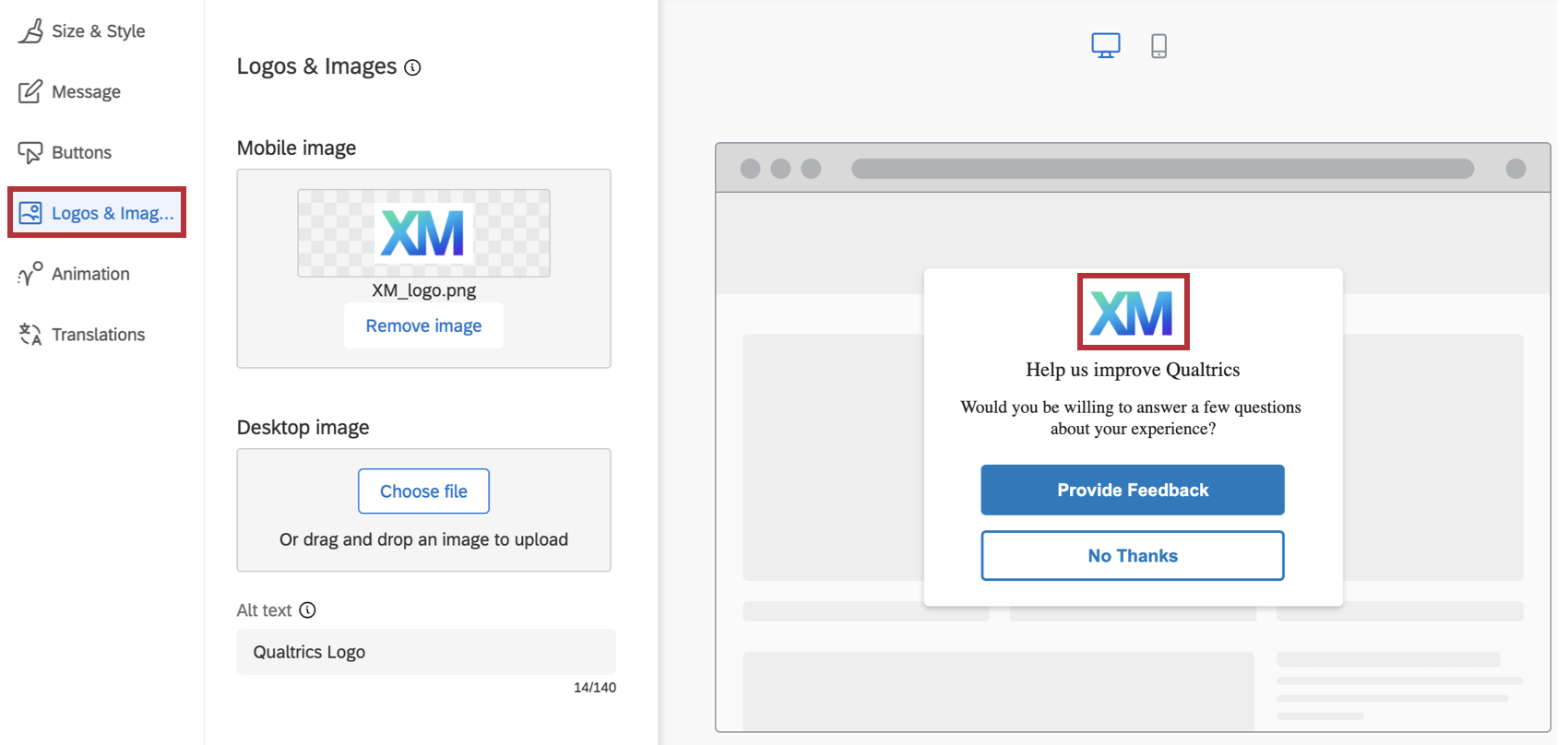 Logos & images tab in the responsive dialog creative editor