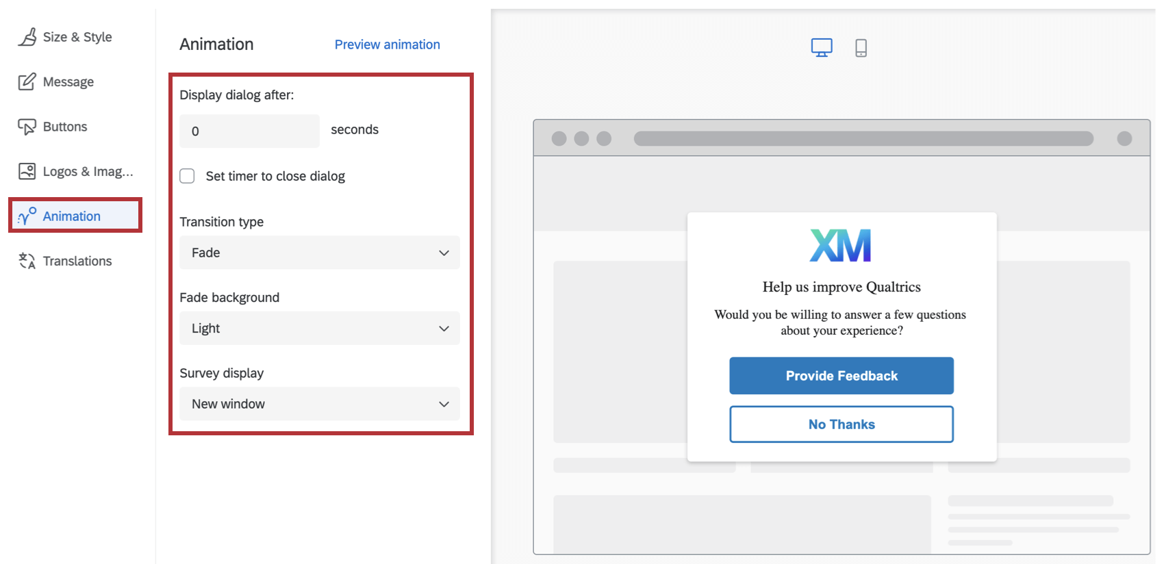 Animation tab in the responsive dialog creative editor