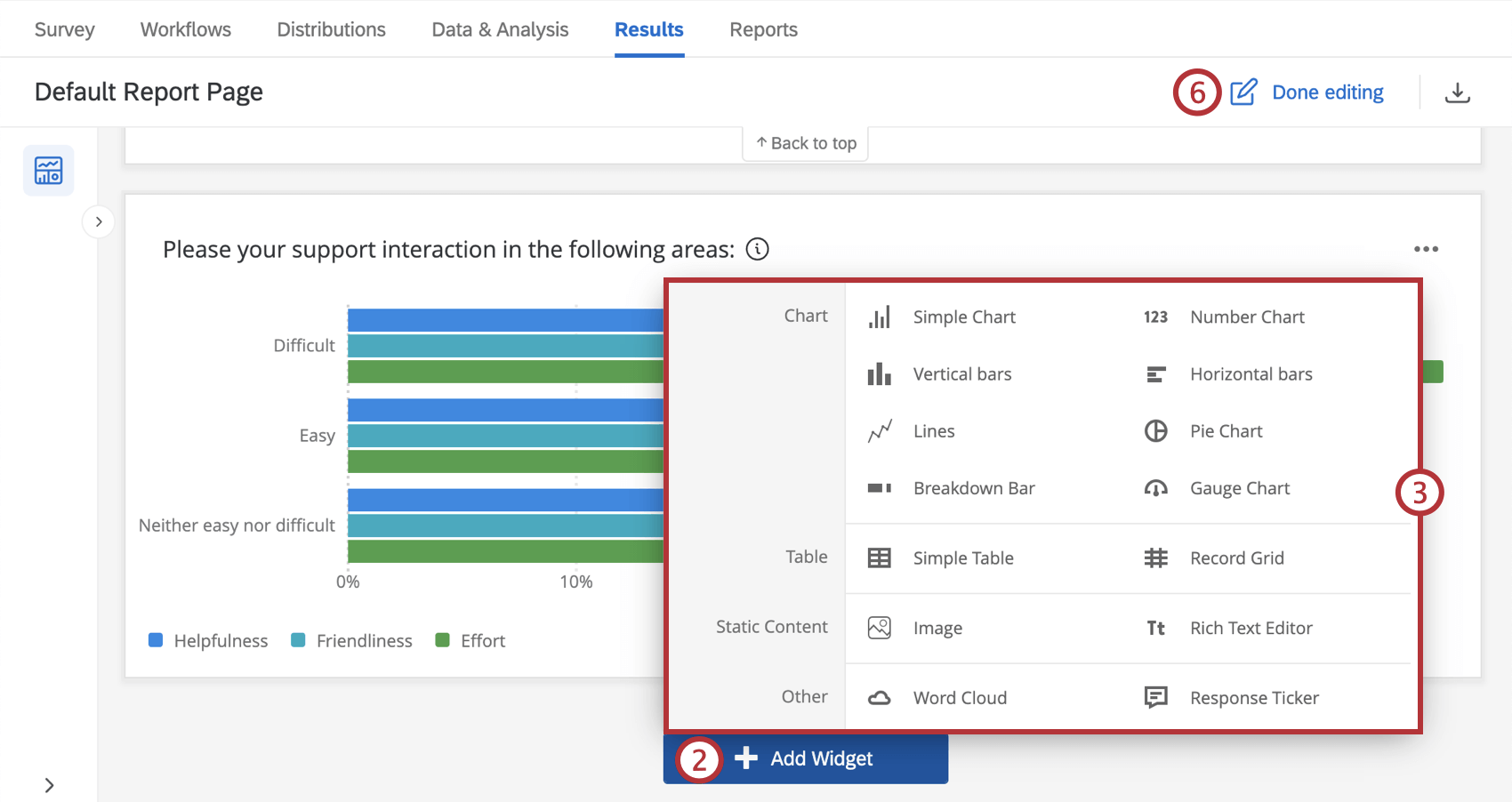 widget selection menu on a results dashboard page