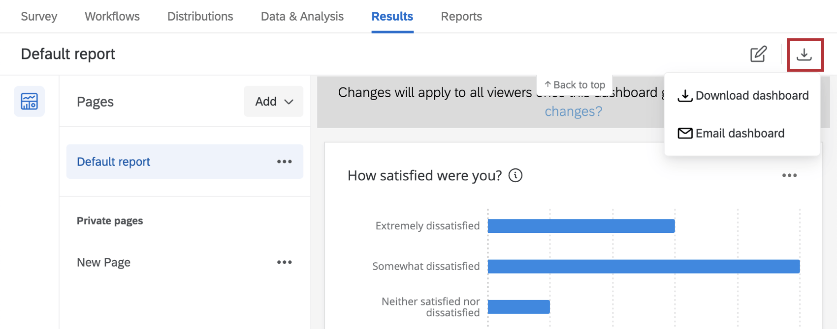 results dashboard page with download button highlighted