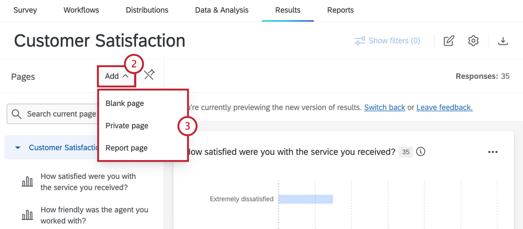 menu for adding pages in a results dashboard
