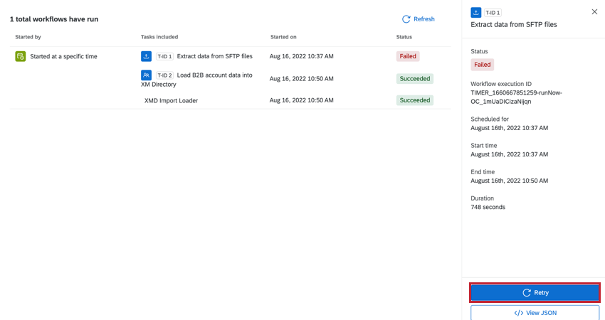 the Retry button when viewing a workflow task