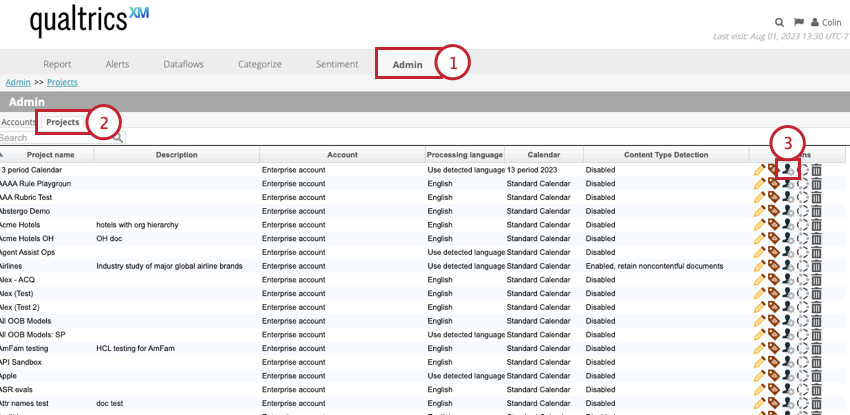 Selecting user permissions on the projects page in admin