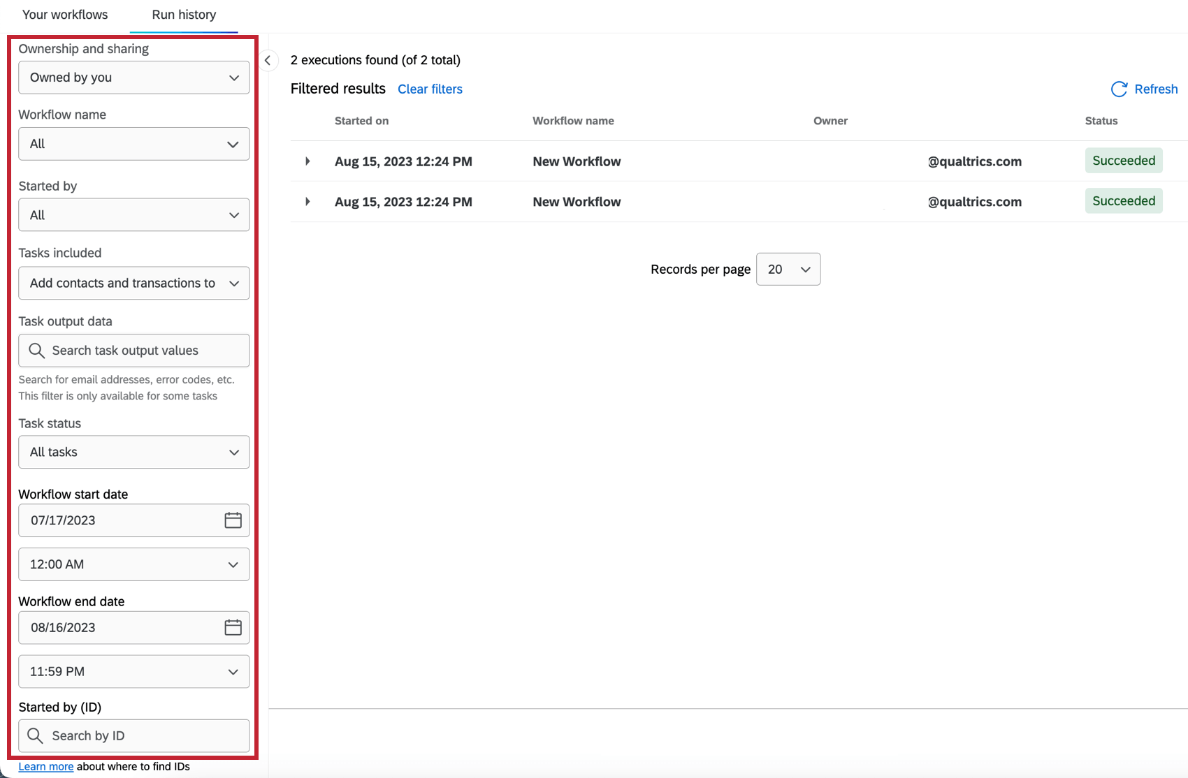 the filters on the left hand side for filtering the workflow reporting
