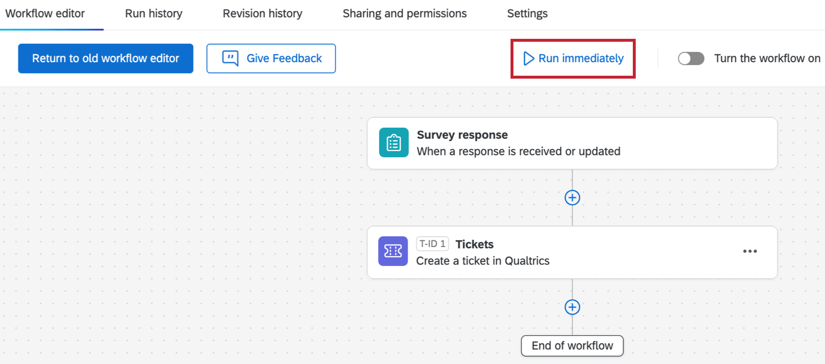 "Run immediately" button within a workflow