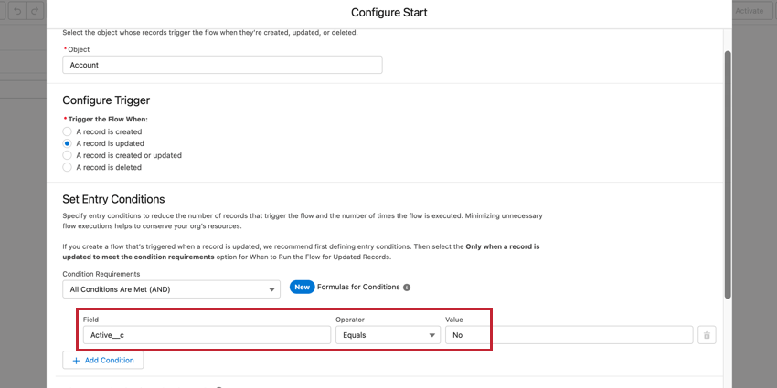 a condition for account is active in salesforce