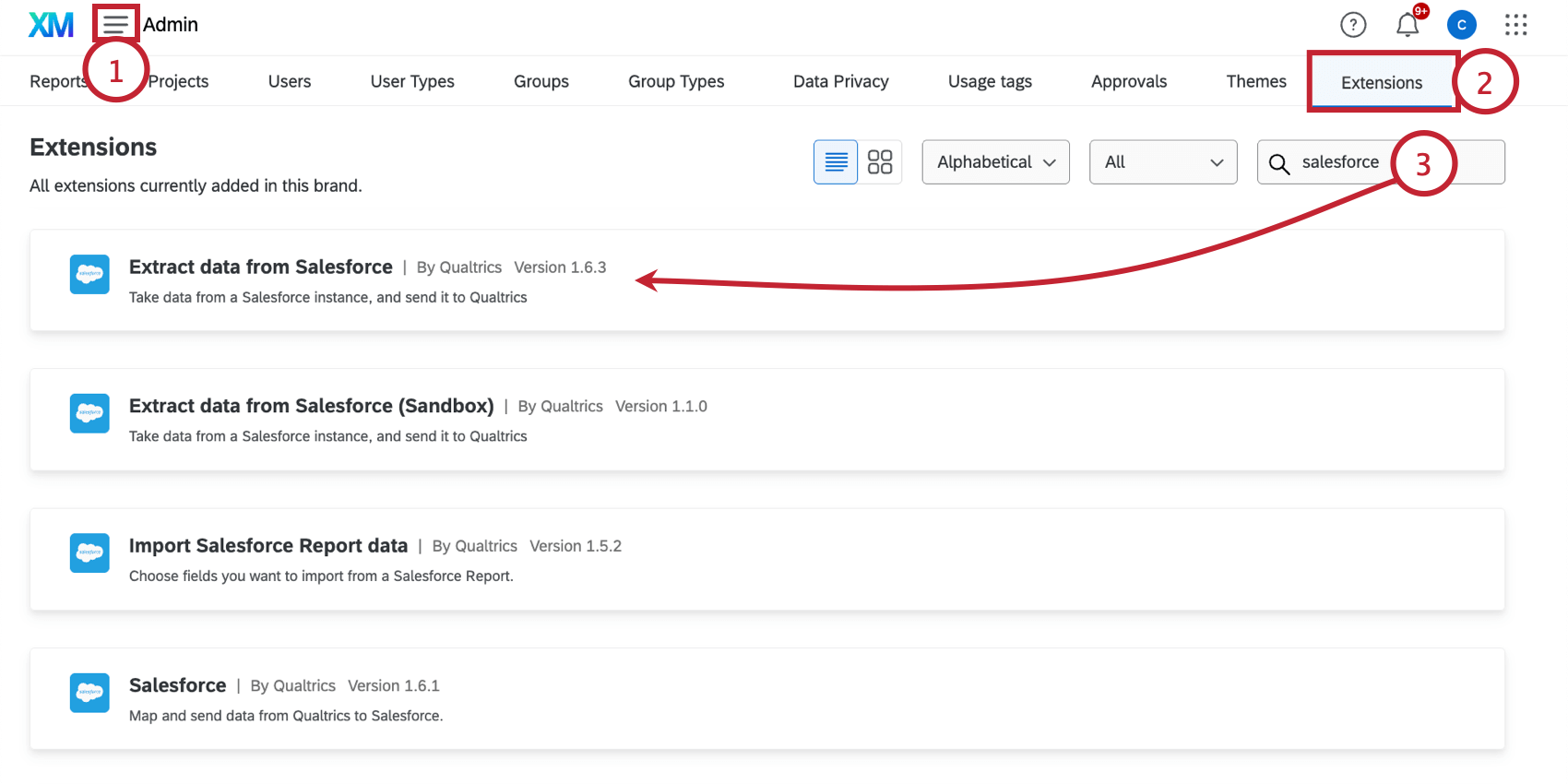 in the admin tab, selecting one of the salesforce extensions
