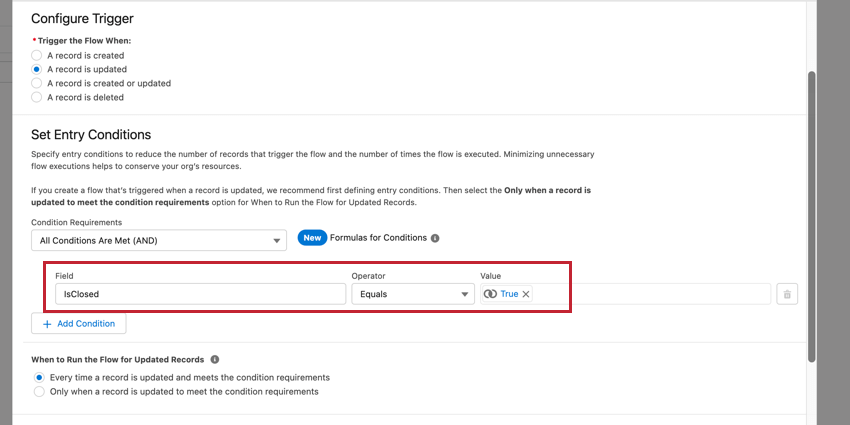 a condition for case is closed in a salesforce flow