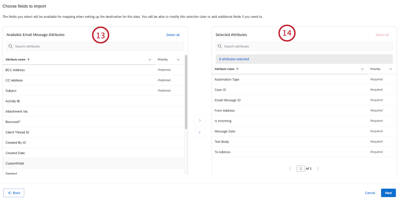reviewing the email fields that are available for import