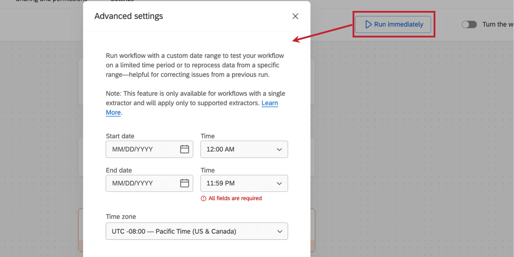 clicking "run immediately" to set a custom time frame