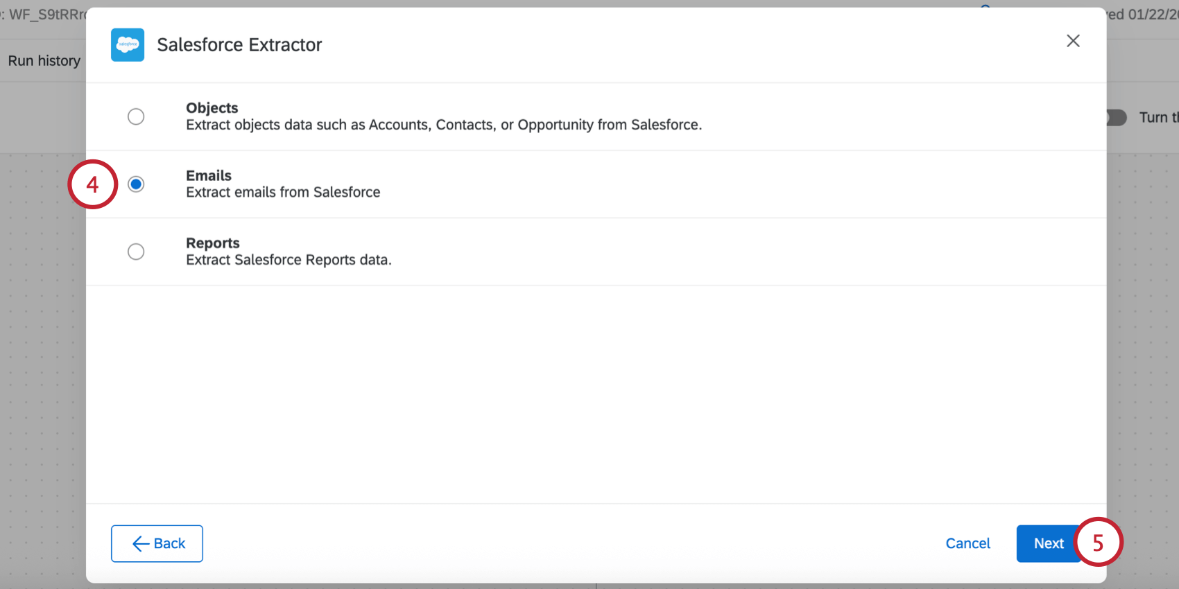selecting Emails as the data type to import