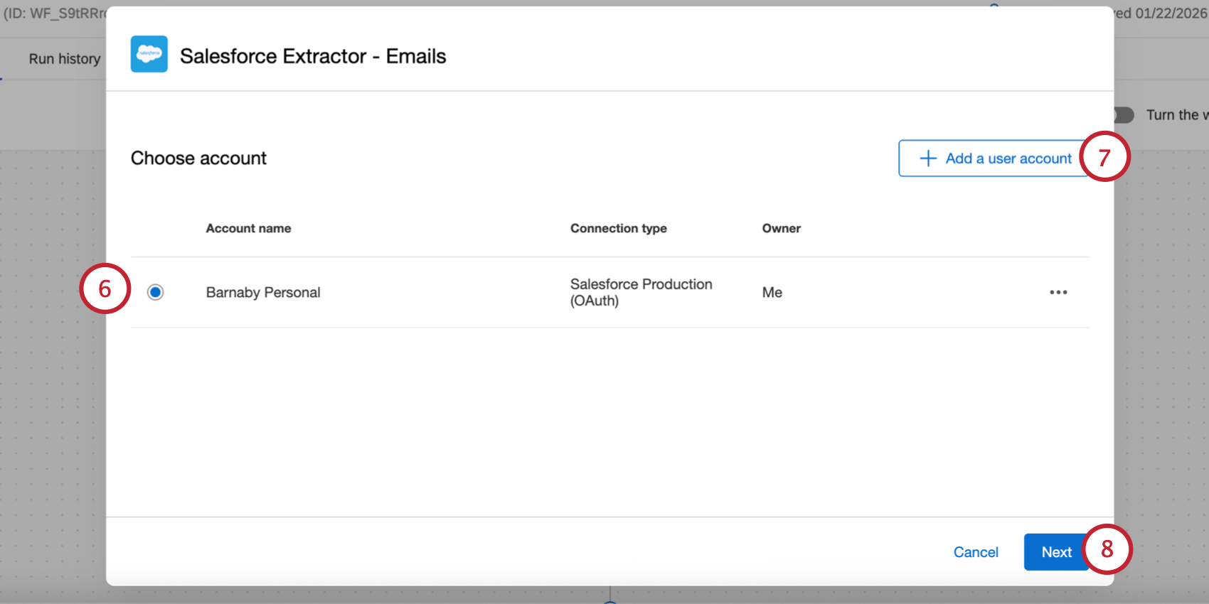 selecting a Salesforce account to use, or connecting a new one