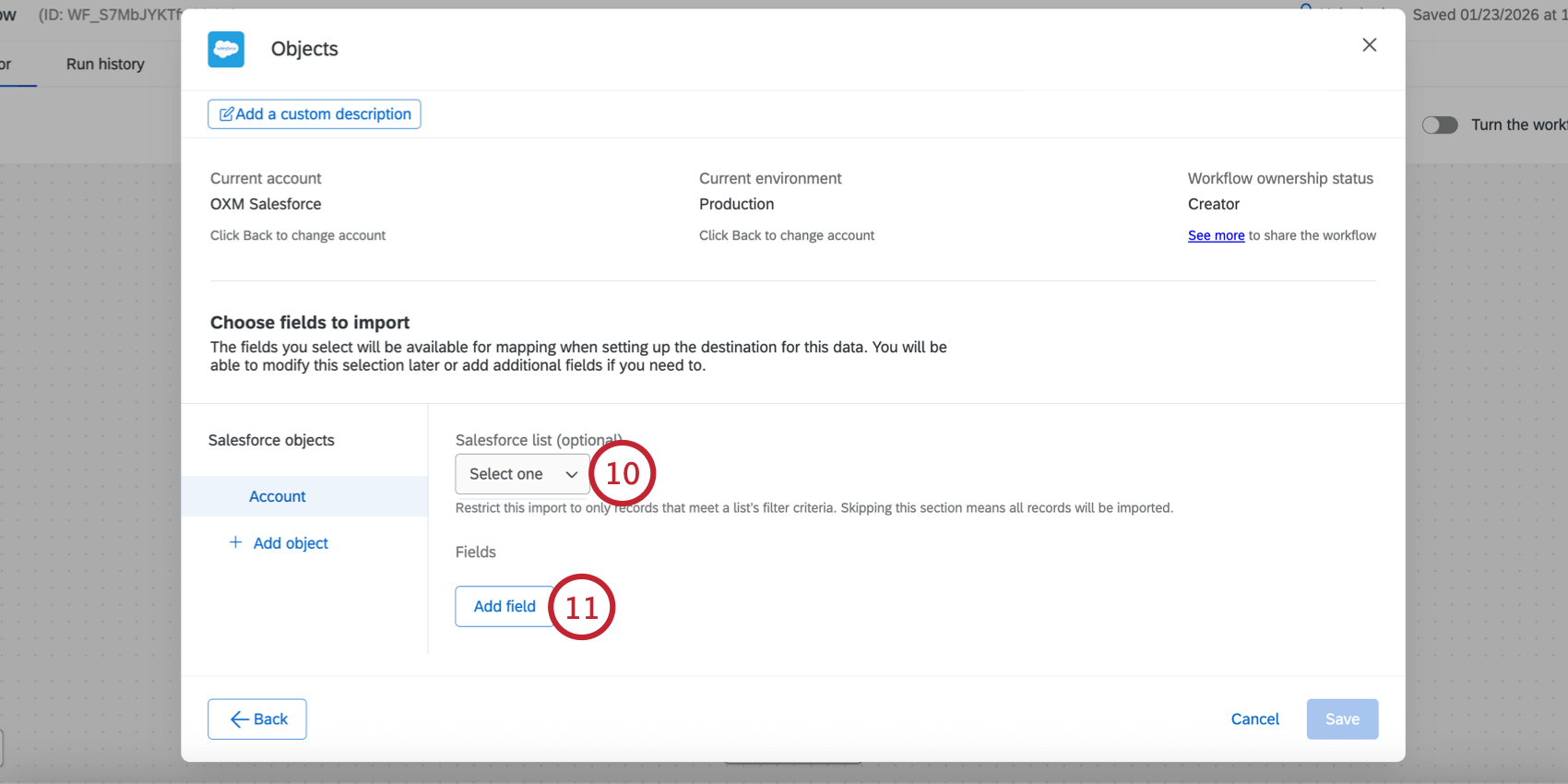 choosing the Salesforce list and selecting fields to import