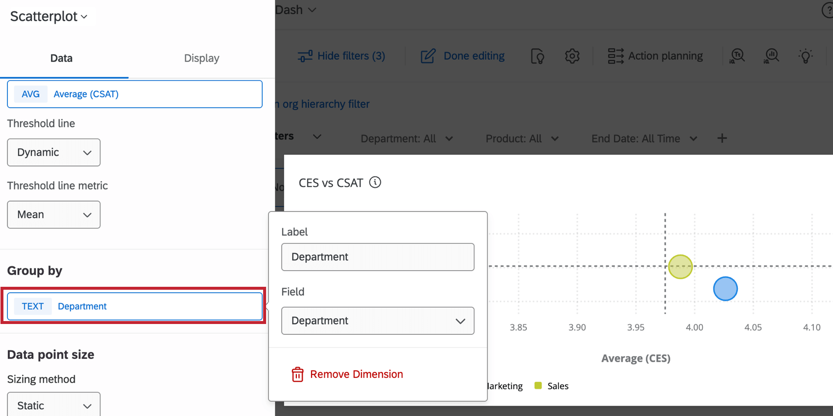 group by settings in the editing pane of a scatter plot widget