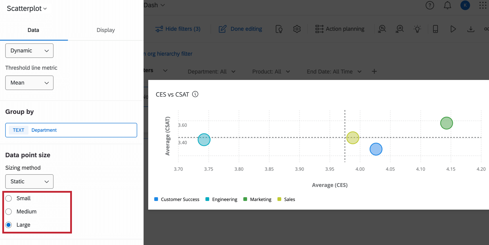 static bubble sizing settings in the editing pane of a scatter plot widget