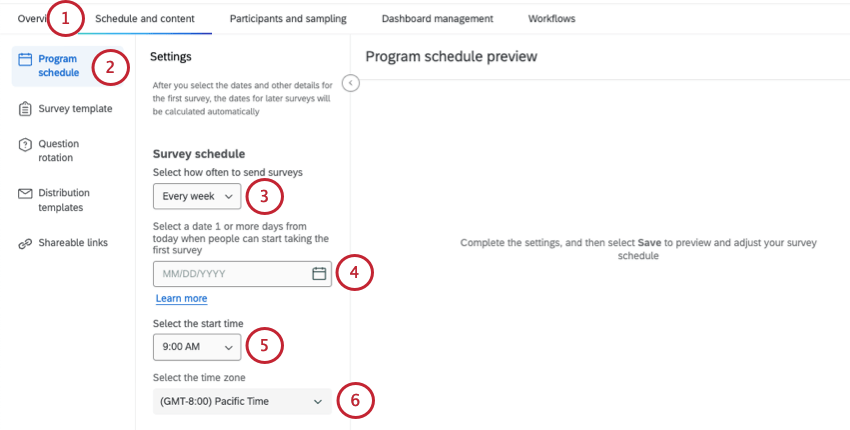 Program schedule section of schedule and content tab
