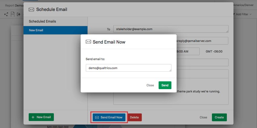 Blue send email now button highlighted in background, window for entering emails has opened over top