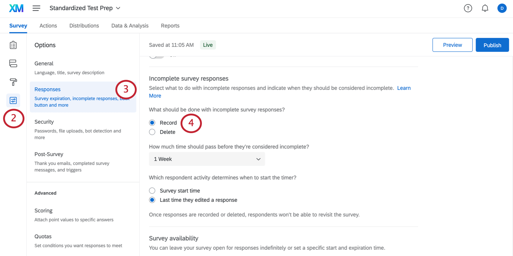 Survey options configured as steps describe