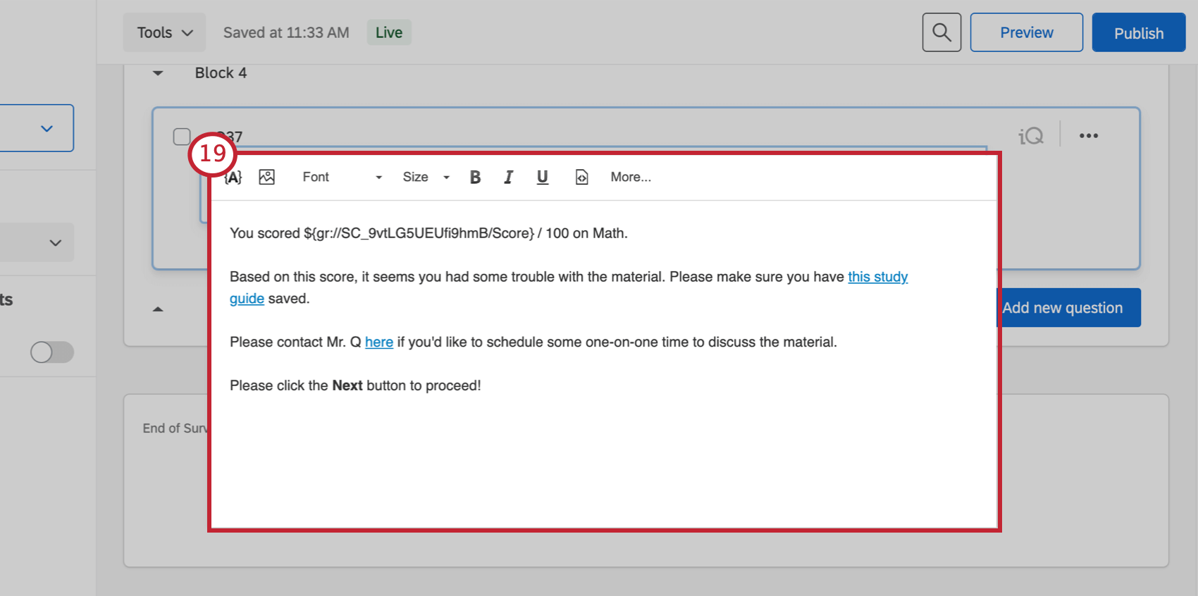 Rich Content Editor with a message inside