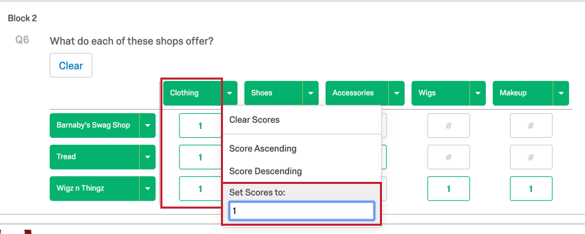 Score set to 1, and the whole corresponding column has 1 point for each row