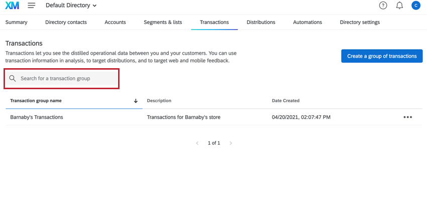 the search bar at the top of the transactions tab