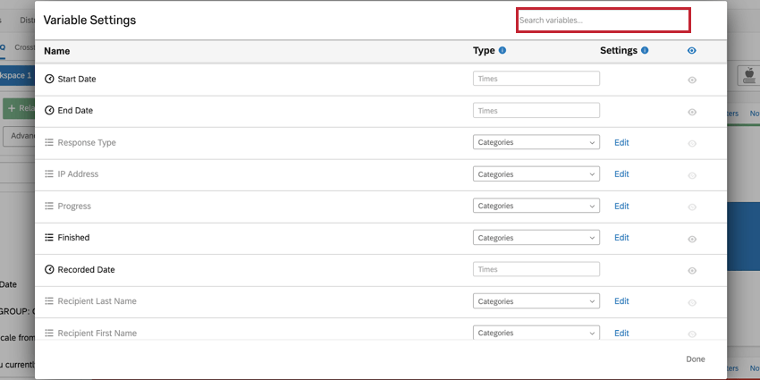 the search bar at the top of the variable settings window