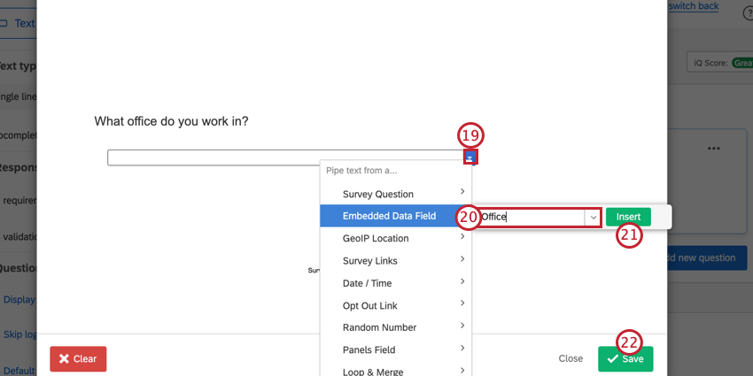 using the piped text menu to select our embedded data field