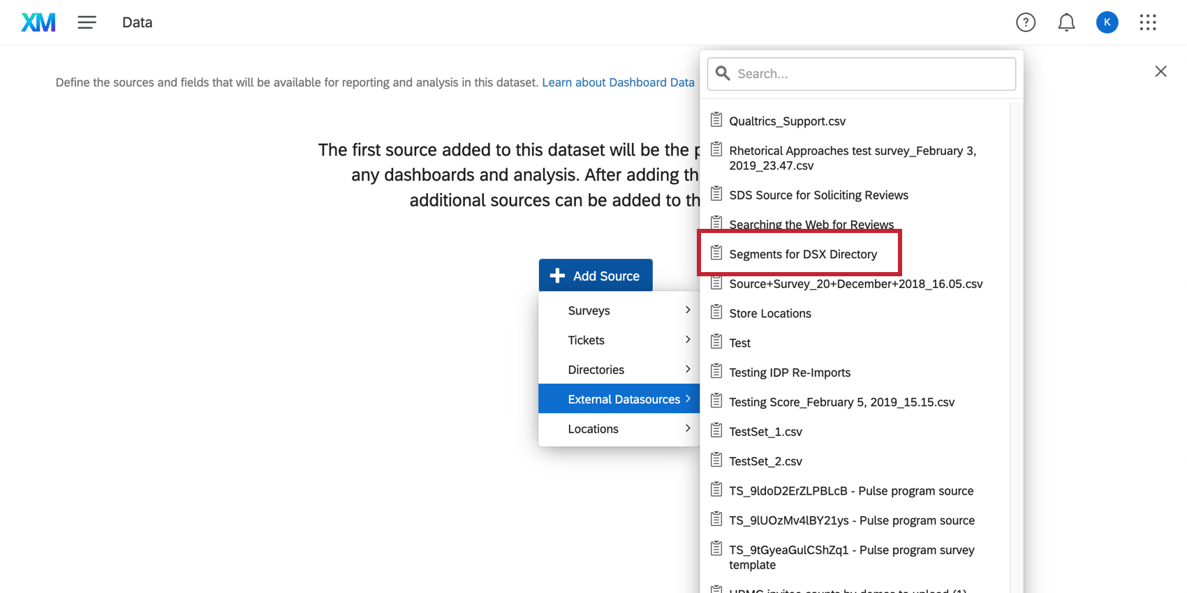 adding a dataset to a dashboard and one has segments in the name