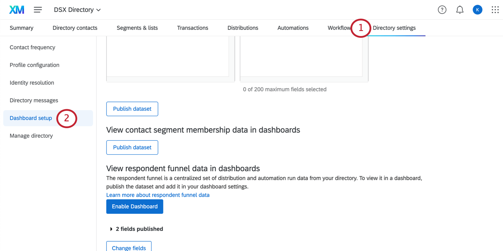 Dashboard setup page of directory settings