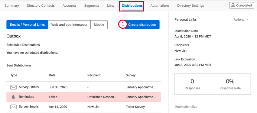 the distributions tab in xm directory. the create distribution button is selected