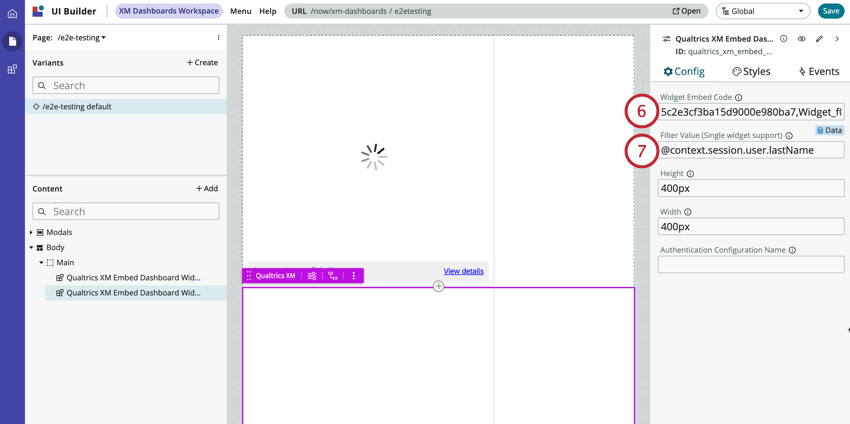 adding the widget code and choosing the servicenow field to filter by
