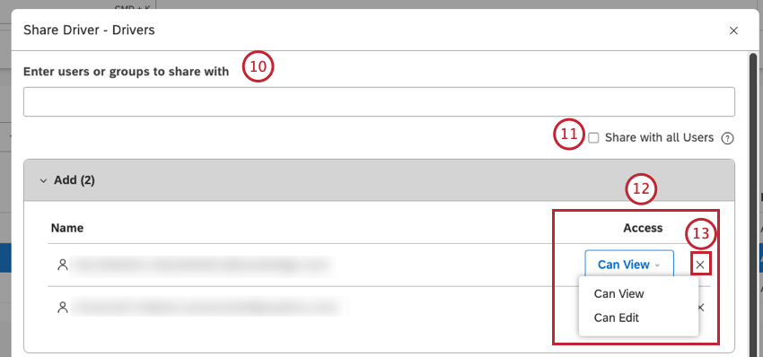 Enter users or groups to share with box. Share with all Users checkbox. Access column. Click X to remove items that have been selected for sharing