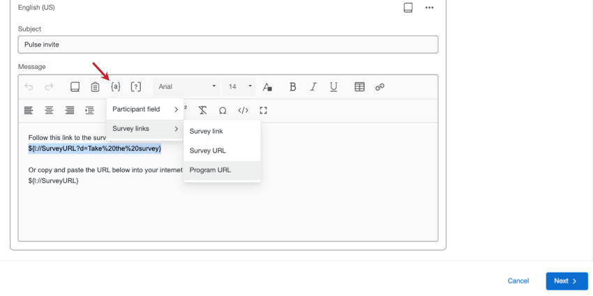 piped text button expanded to show program URL option