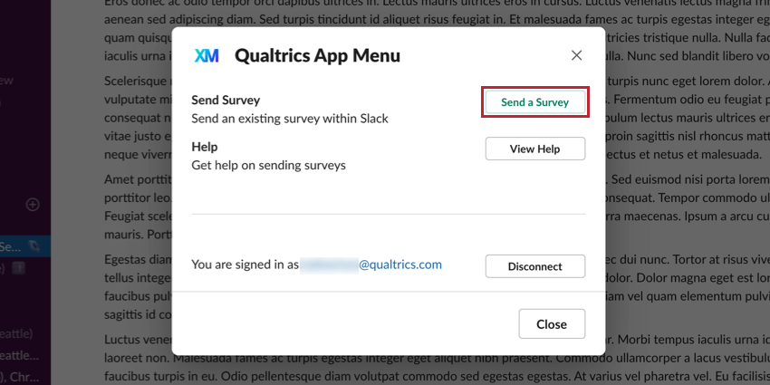 Send a survey button in green in upper-right of the new qualtrics window in slack