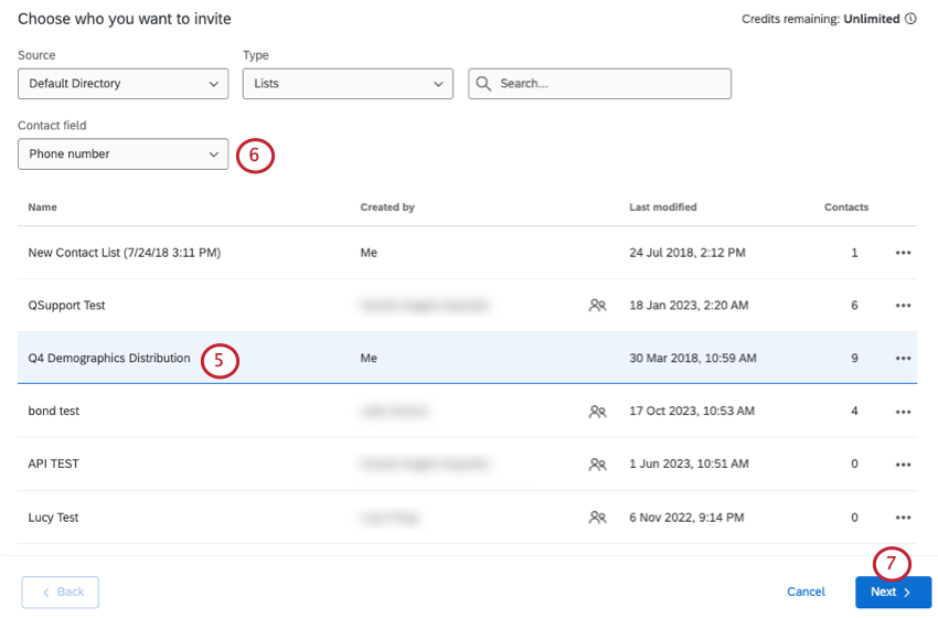 selecting a contact list