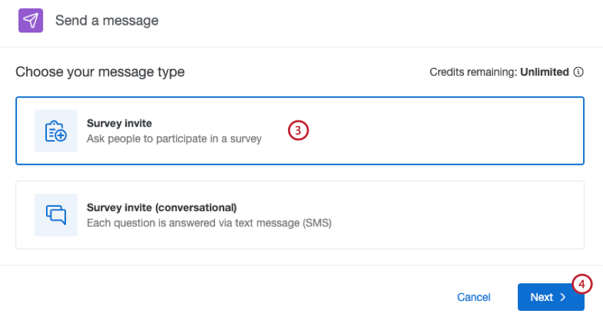 choosing a message type for the survey invite