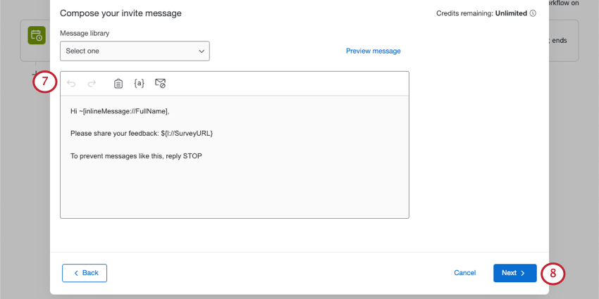 A message greeting the customer, linking them to the survey, and giving them opt-out instructions