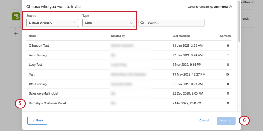 Selecting a mailing list from the list. There are drop-downs along the top where you can adjust the directory and whether you see lists, segments, or samples