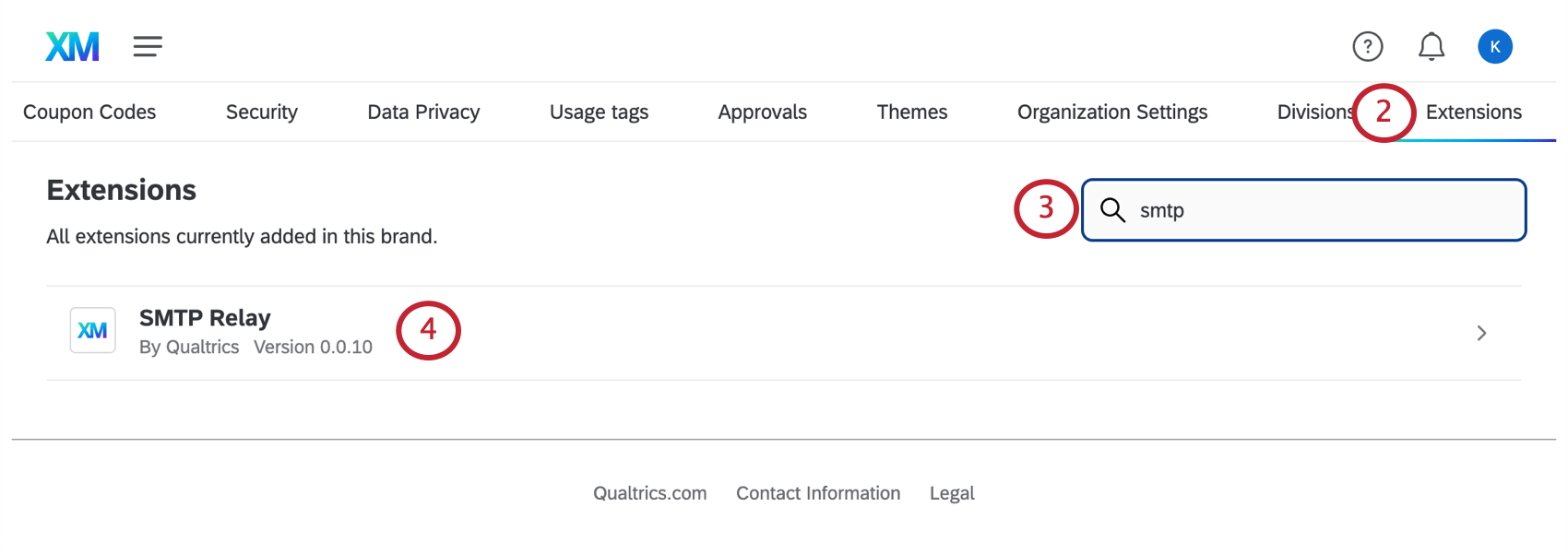 Image of selecting SMTP option in the extensions tab